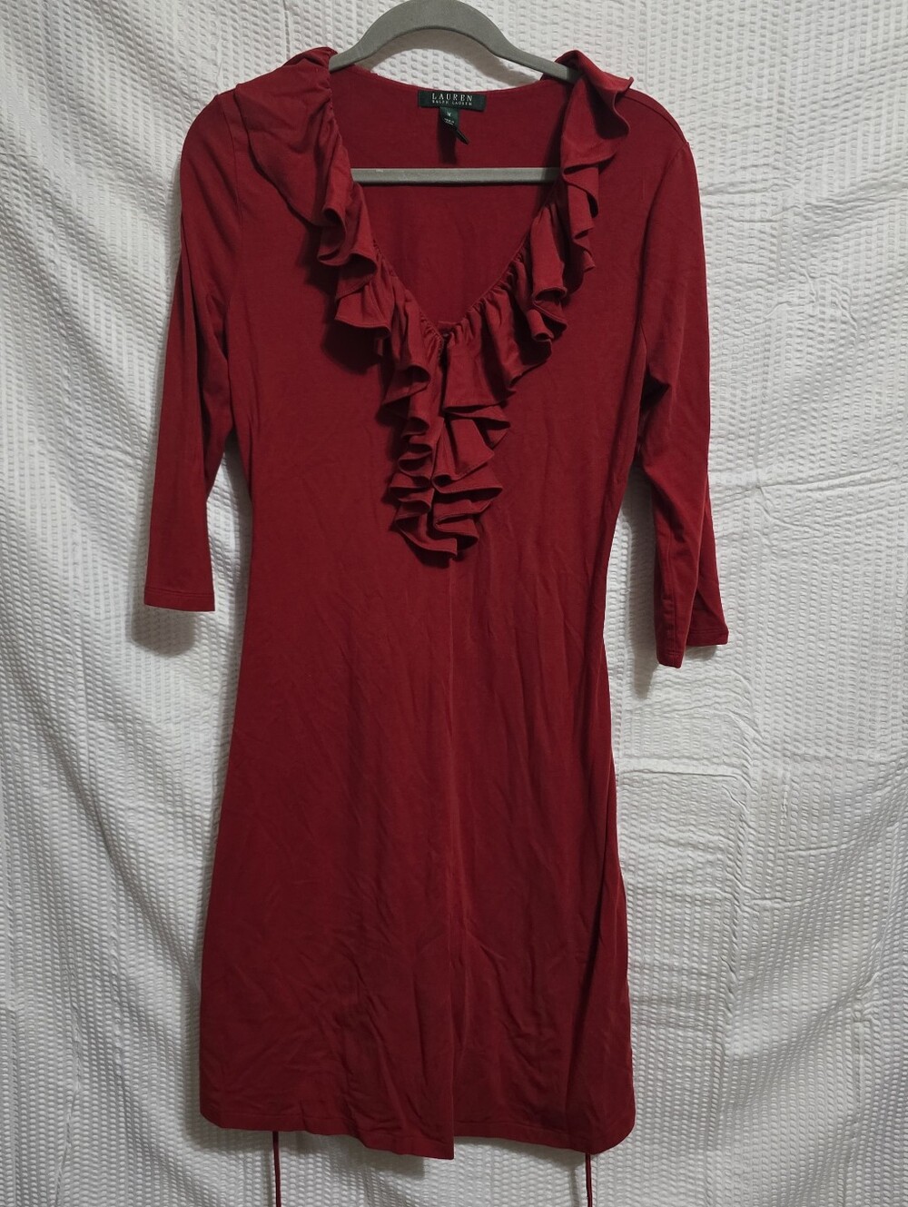 Lauren Ralph Lauren Red Ruffle Neck Tie Waist Dress M